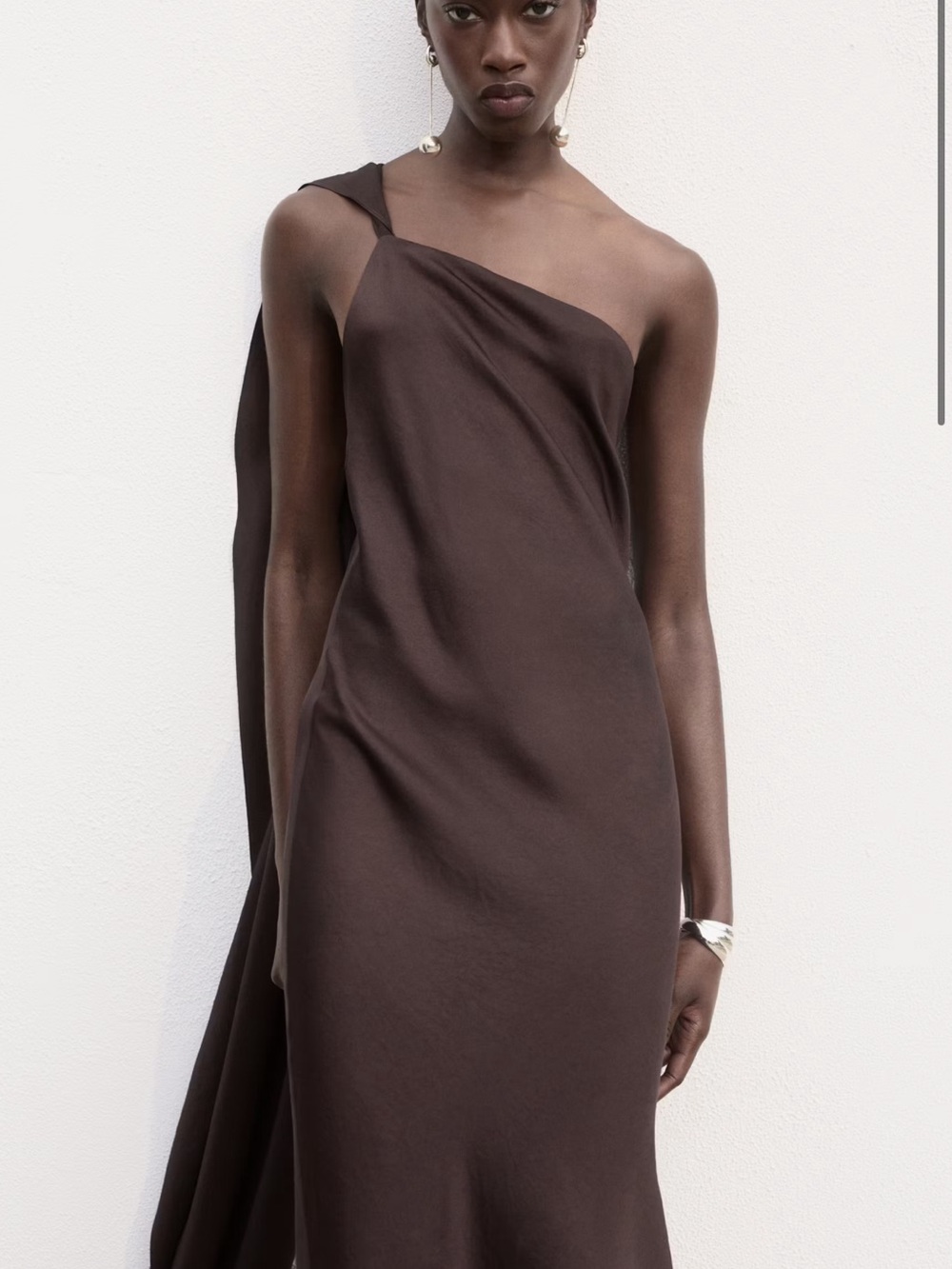 Mango One-Shoulder Dark Brown Draped Dress